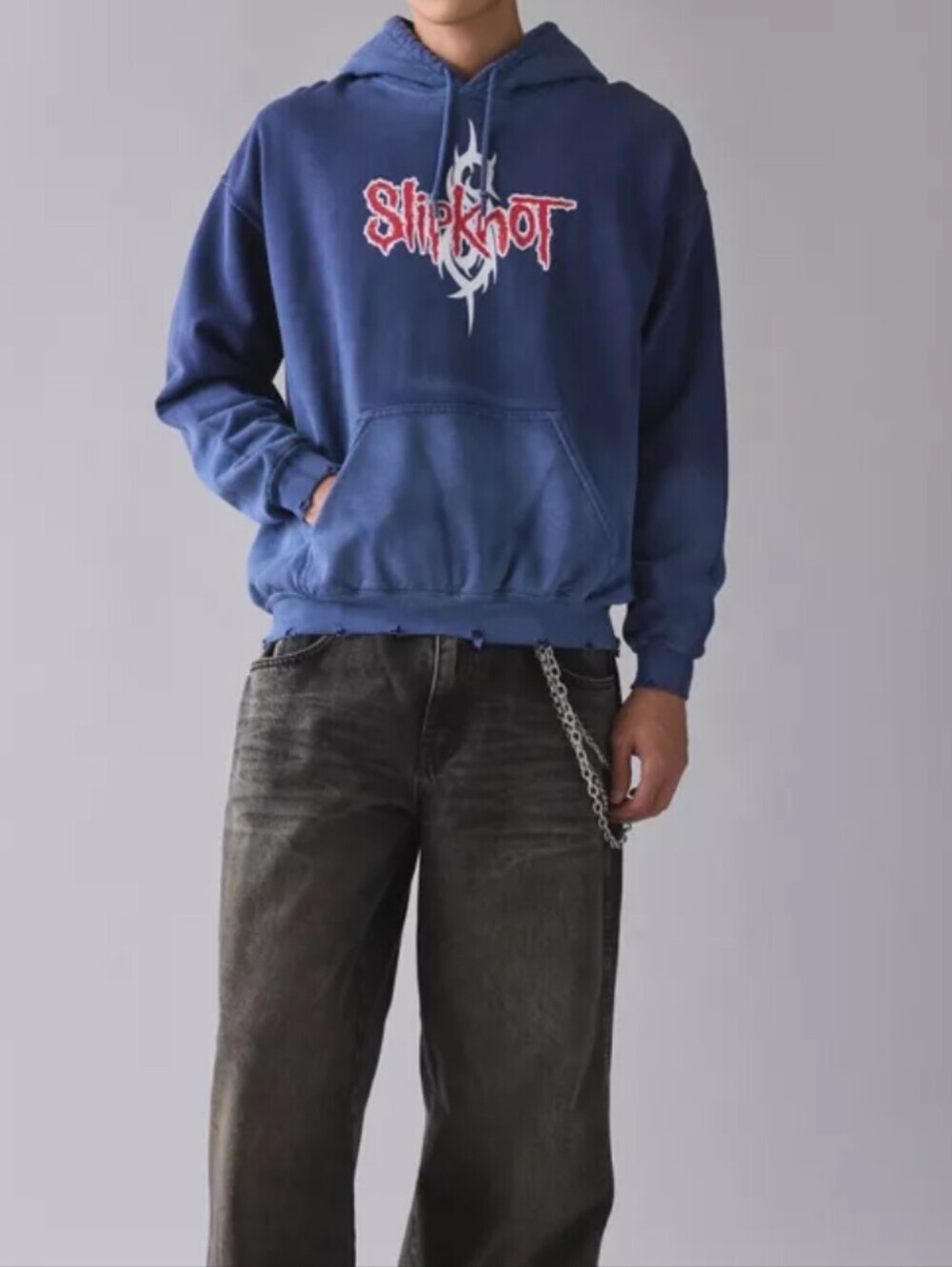 Vintage-Style Blue Graphic Hooded Sweatshirt